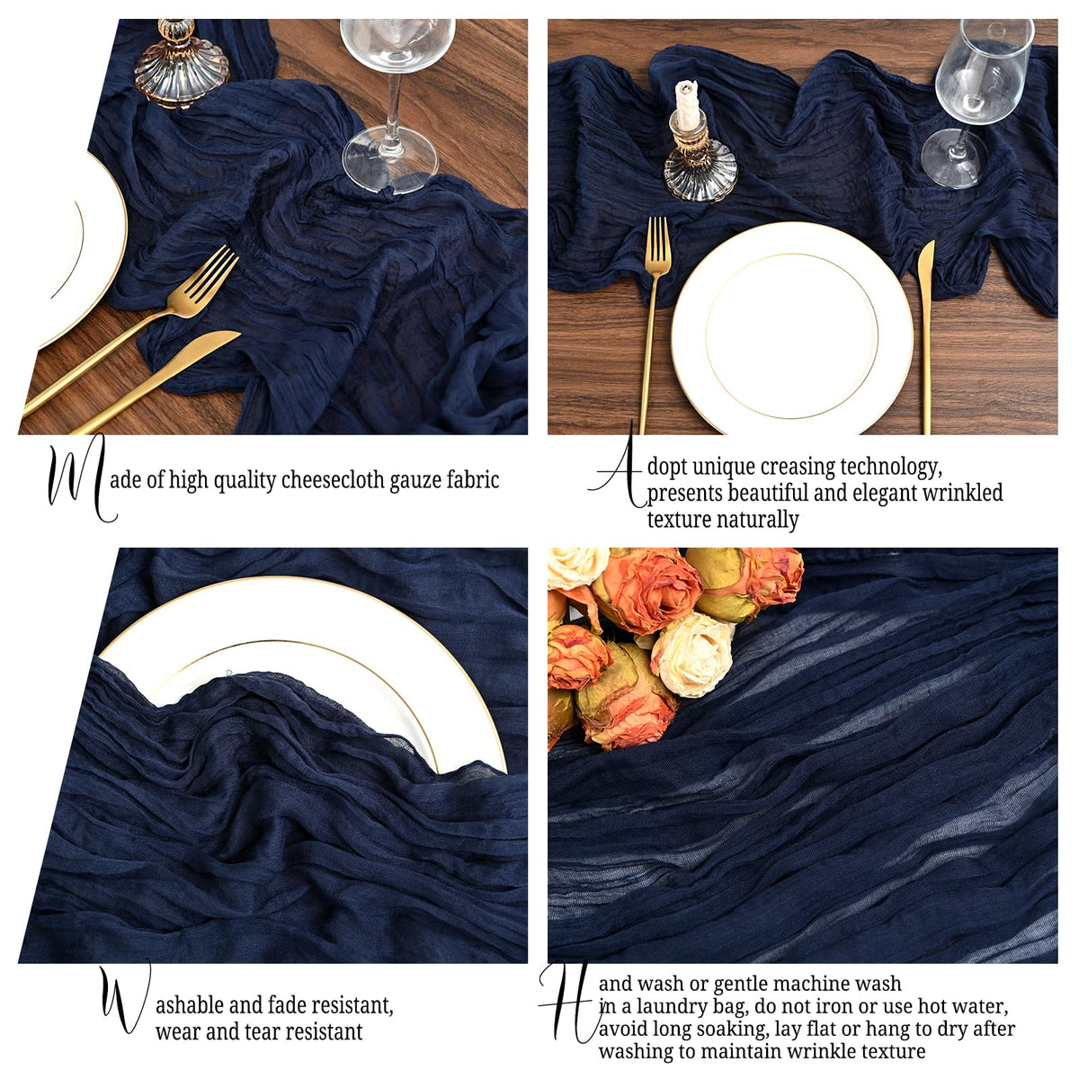 Lumaycens pleated-wrinkle-detail runner adds texture to centerpieces.