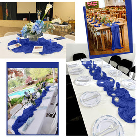 Lumaycens royal blue table runner with a mahogany table for an elegant look