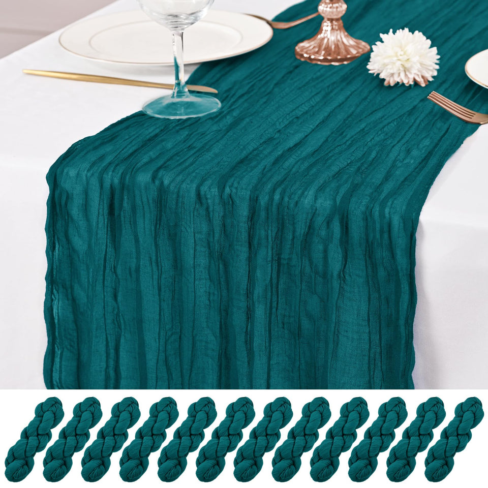 Lumaycens teal cheesecloth table runner in 10ft length for elegant wedding tables.
