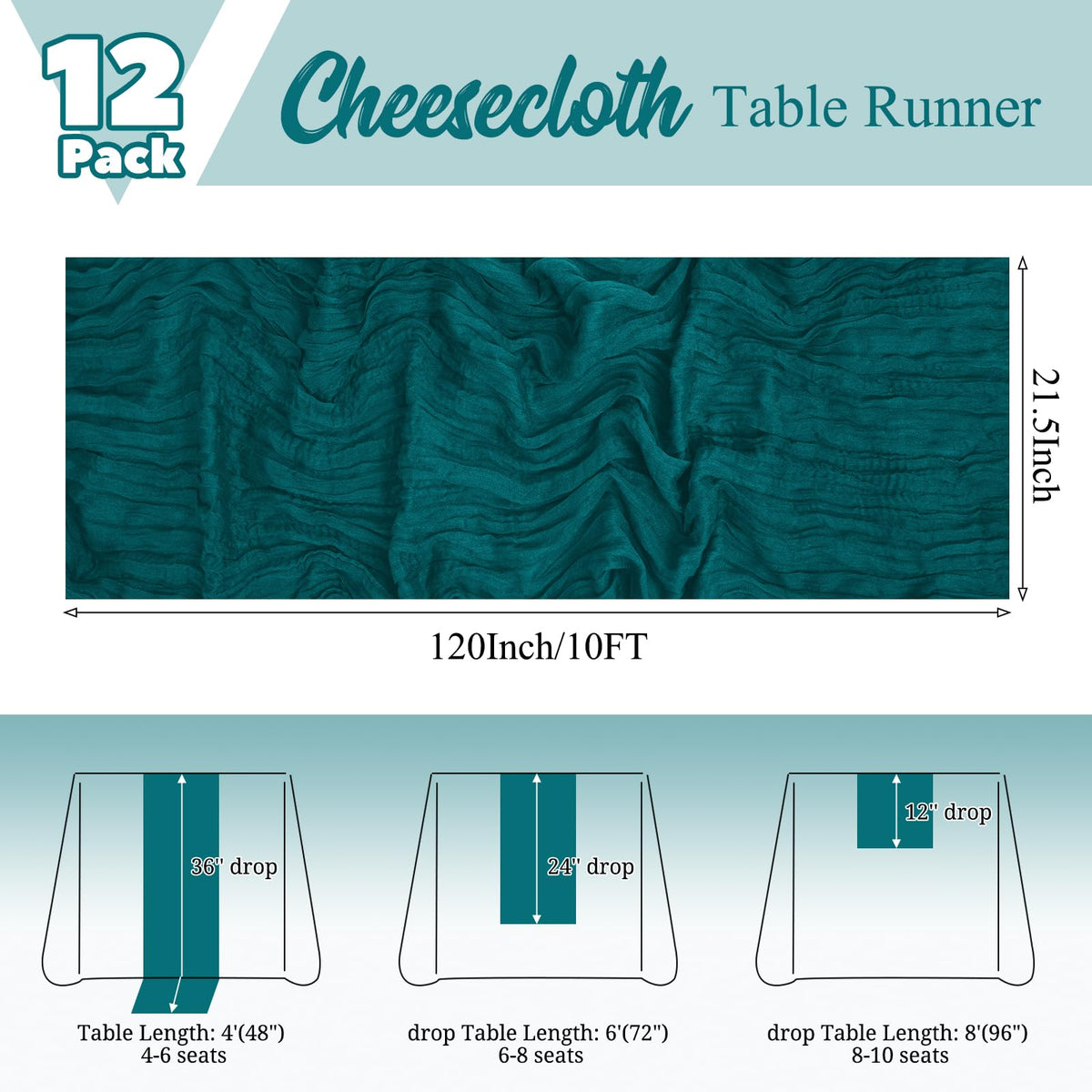 Lumaycens teal cheesecloth table runner draped across a long banquet table.