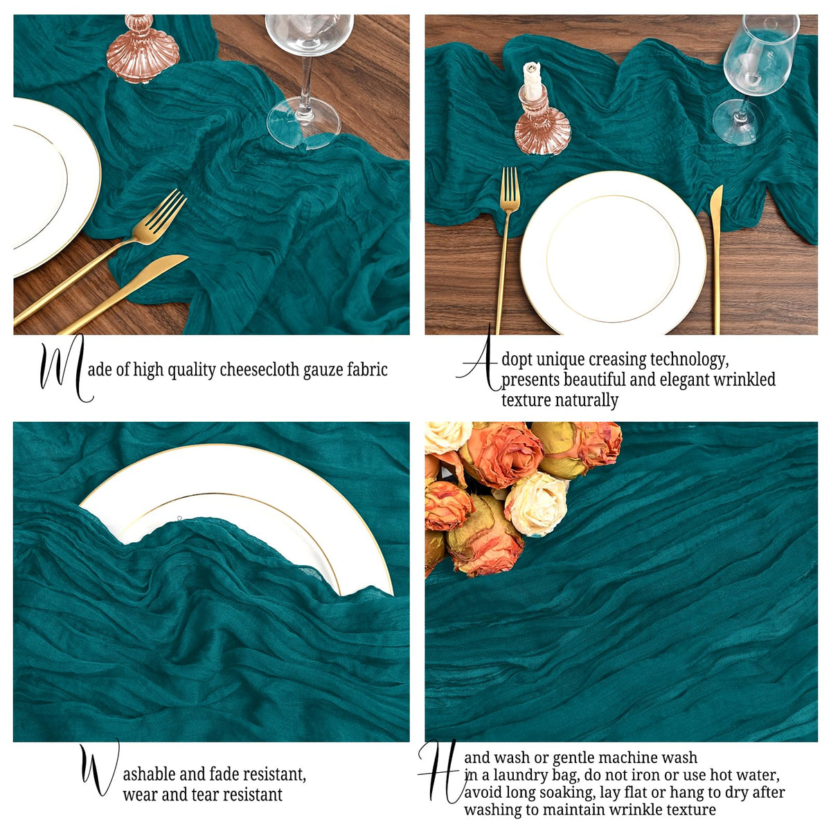 Lumaycens teal cheesecloth texture close-up highlighting wrinkled gauze look.
