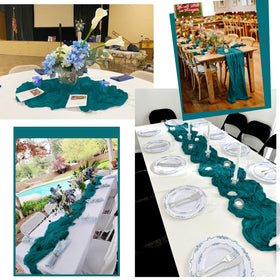Lumaycens teal runner used in a bridal shower display for refined charm.