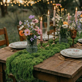 Lumina Garden Wonderland moss table runner, top view, creates a chic garden party ambiance.