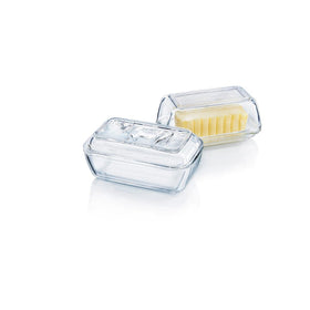Luminarc butter dish close-up shows sturdy tempered glass and smooth edge.