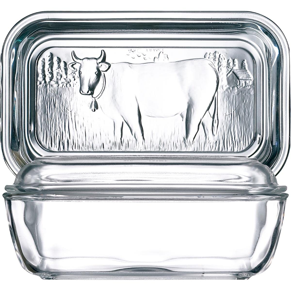 Luminarc cow butter dish in tempered glass preserves freshness on the counter.