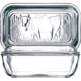 Luminarc cow butter dish in tempered glass preserves freshness on the counter.