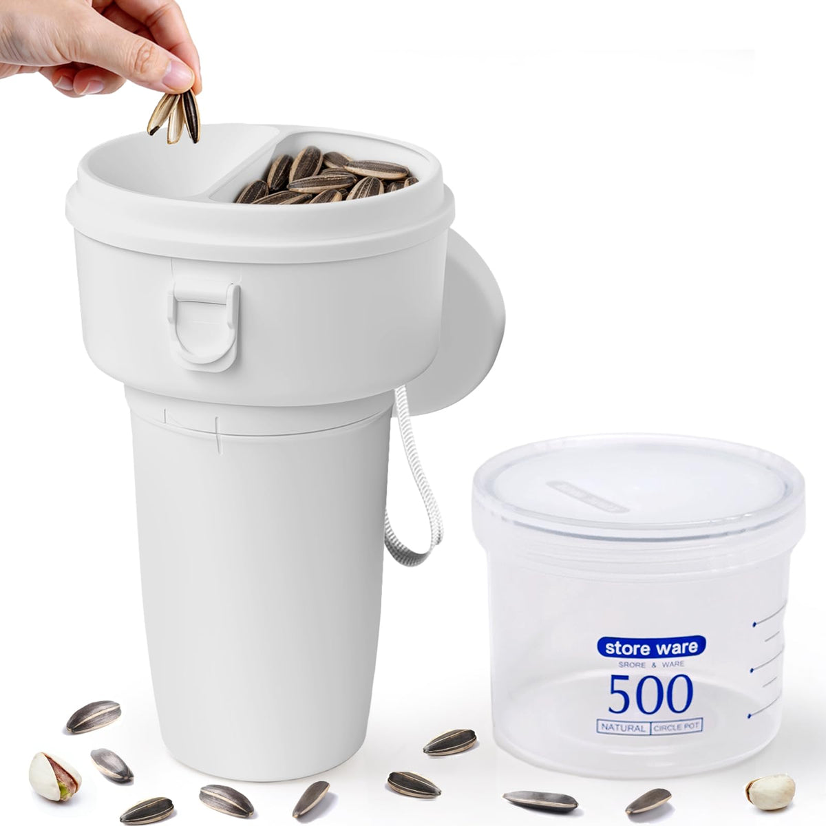Lumyrilix seed cup upper compartment for easy one-handed snacking.