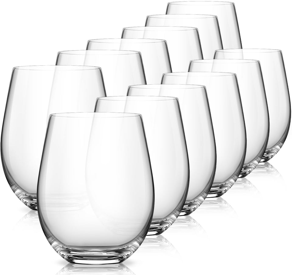 Luna and Mantha stemless wine glass with a sturdy base for everyday use.