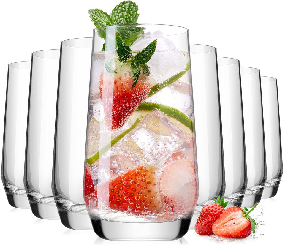 Luna Manta 16.2oz highball glasses set of 8 on table, ideal for versatile drinks.