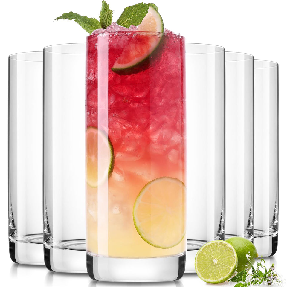 Luna & Manta crystal-clear highball glasses display drinks with 13oz capacity.