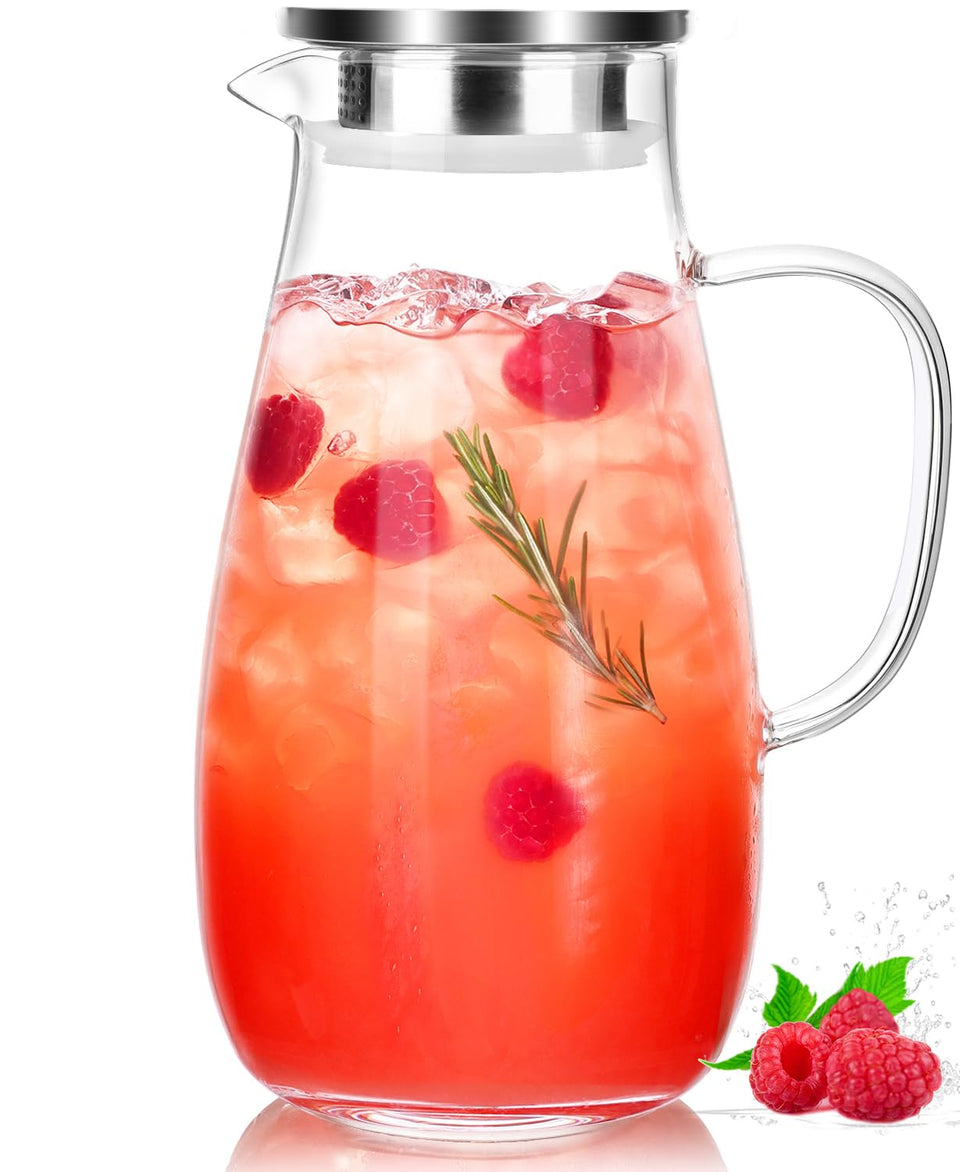 Luna Manta glass pitcher with lid, ideal for hot or cold beverages.