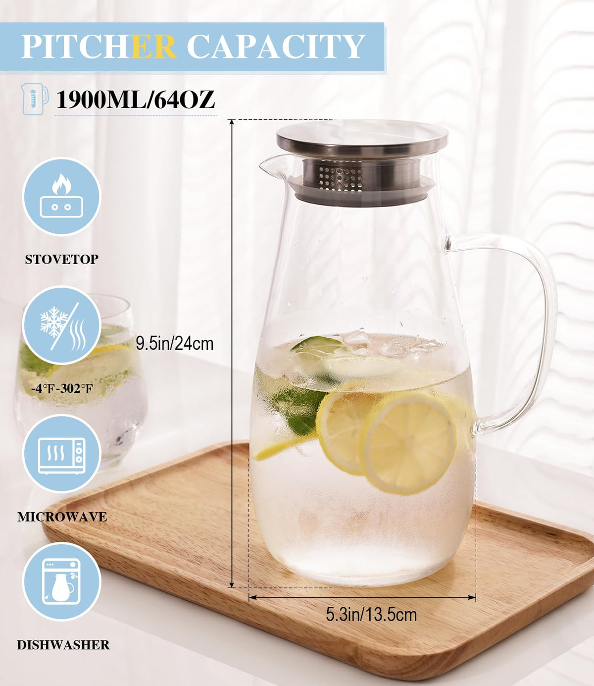 Luna Manta pitcher with pour-function lid for pulp and ice control.