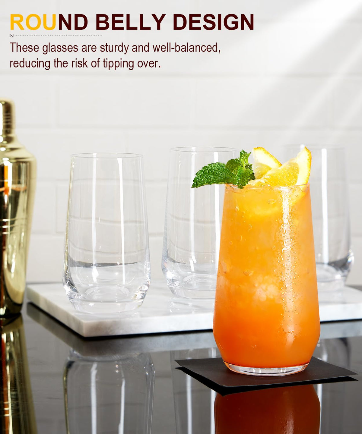 Luna Manta solid-base highball glass prevents tipping during service.