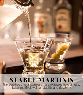 LUNA & MANTHA crystal-clear stemless martini glass for elegant presentation.