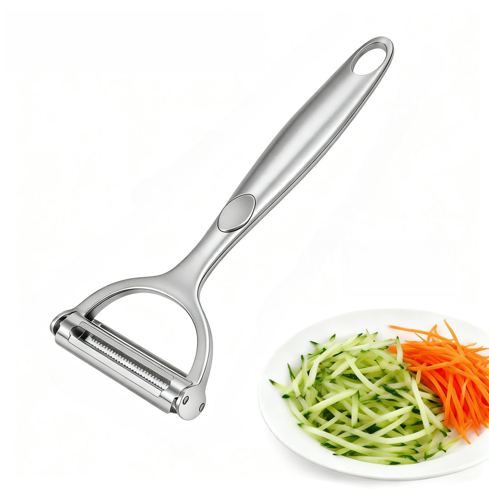 LunaThreads 2-in-1 peeler with serrated blade enables quick julienne prep for vegetables.