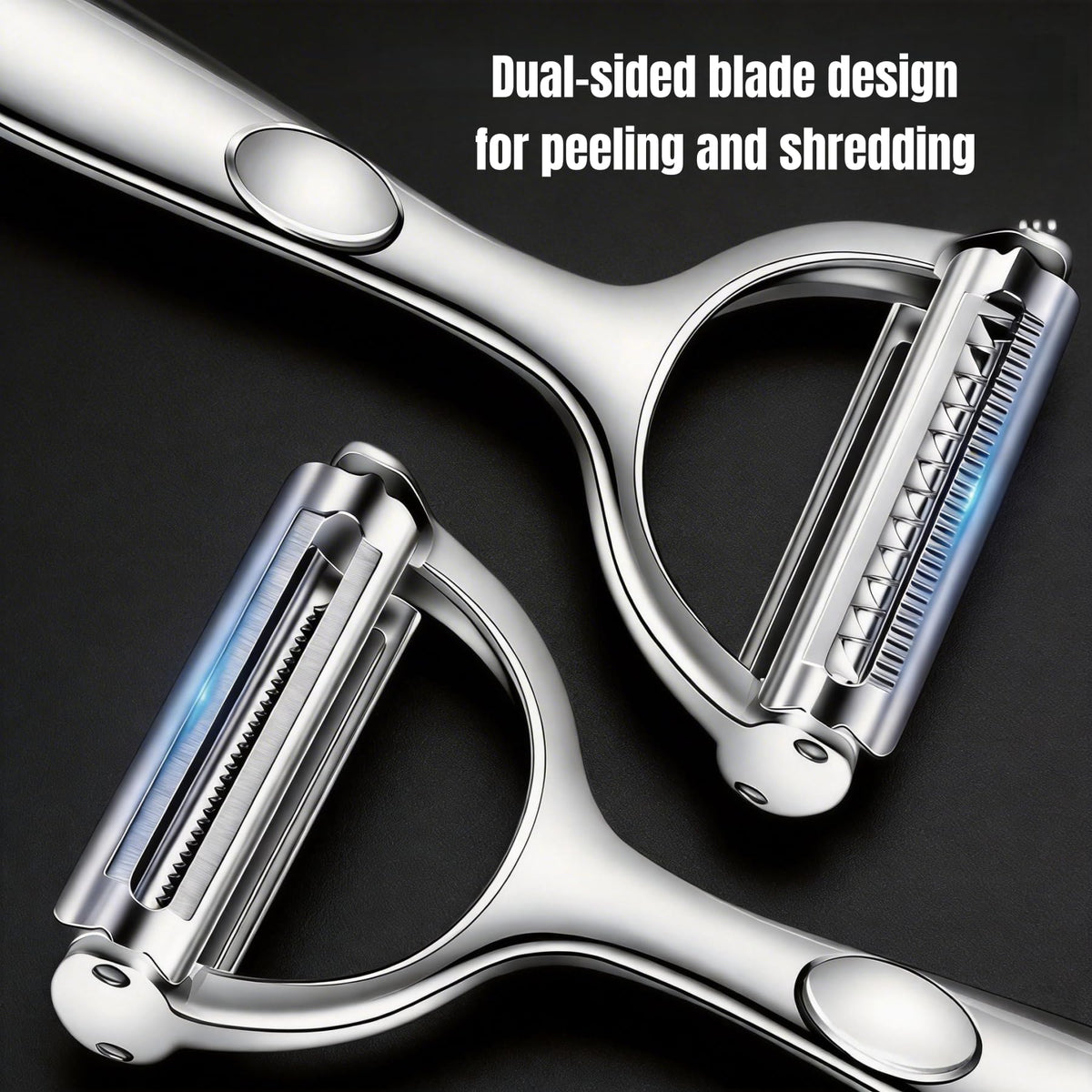 LunaThreads 2-in-1 peeler with straight blade, clean peels with minimal flesh loss.