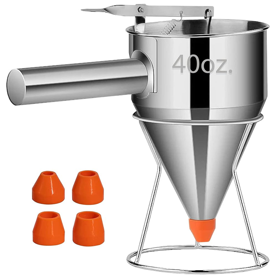 LunaCozy 40oz stainless steel batter dispenser with no-drip funnel for clean pours
