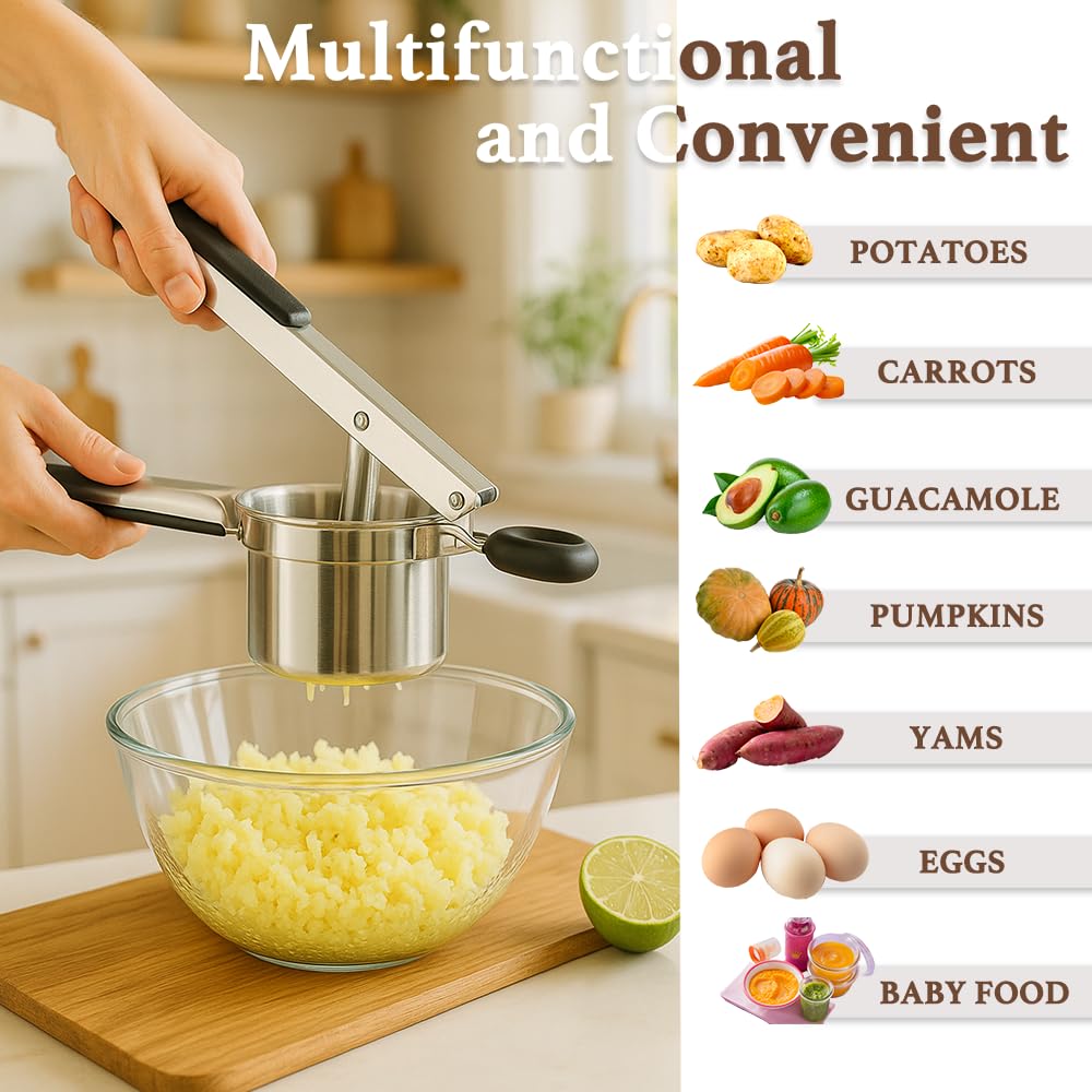 LunaCozy potato ricer in use shows easy mash with minimal effort.