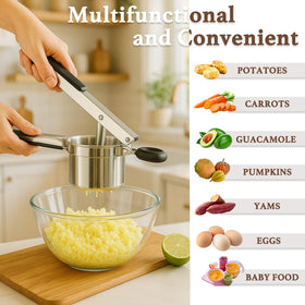 LunaCozy potato ricer in use shows easy mash with minimal effort.