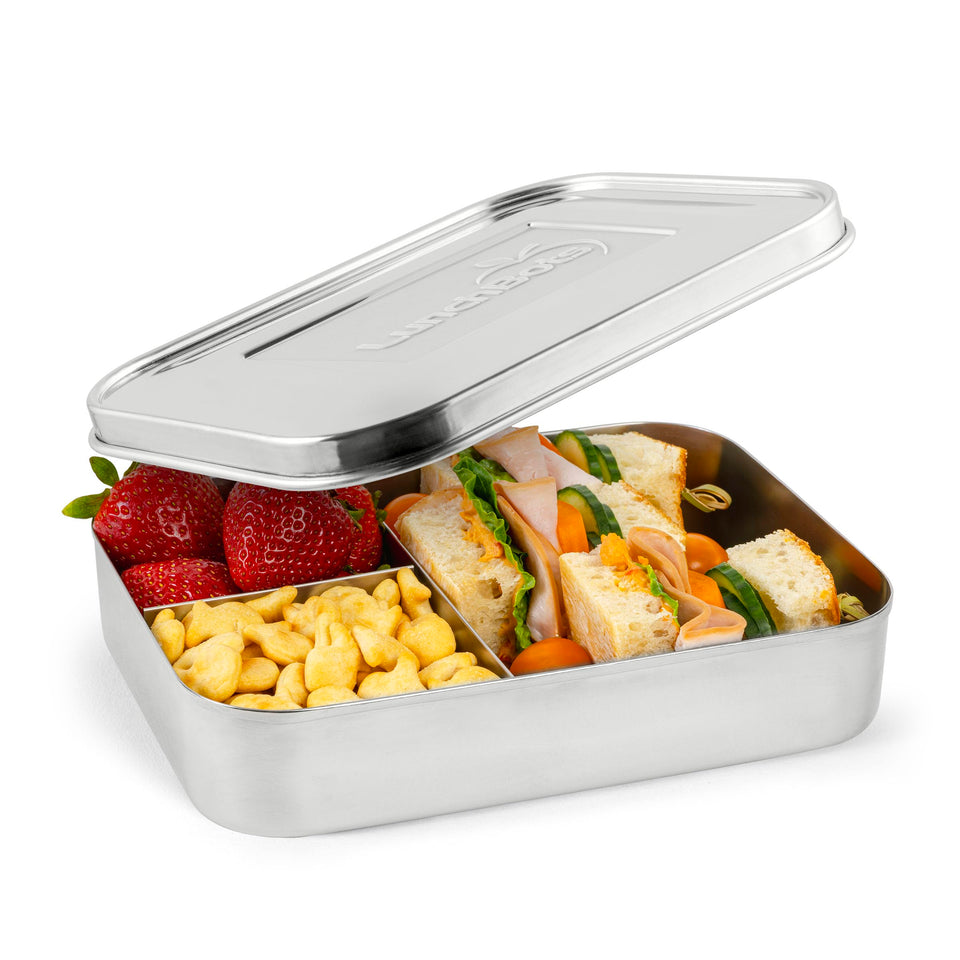 LunchBots Large Trio lid open showing three compartments for organized lunches
