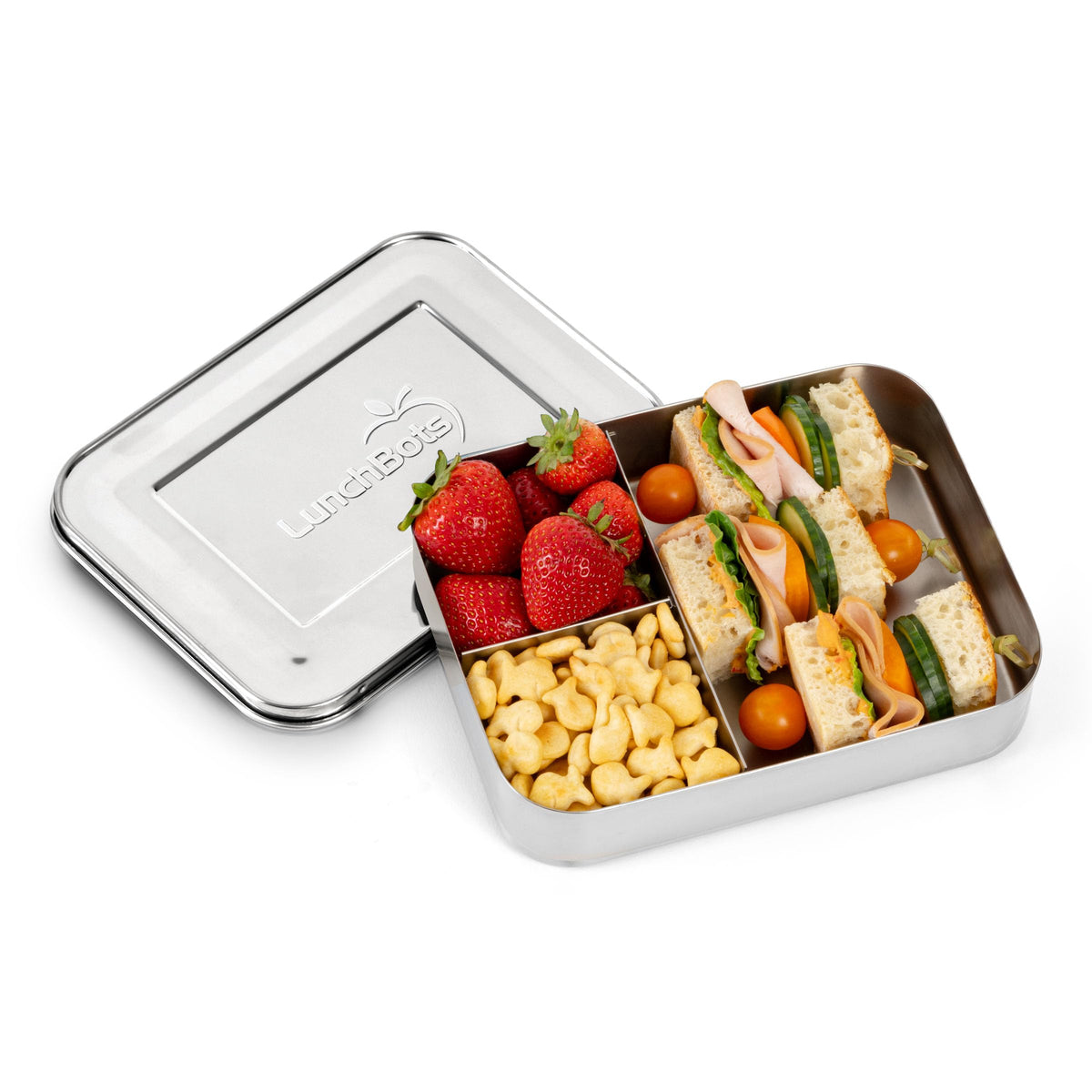 LunchBots Large Trio three-section closed for compact, mess-free meals