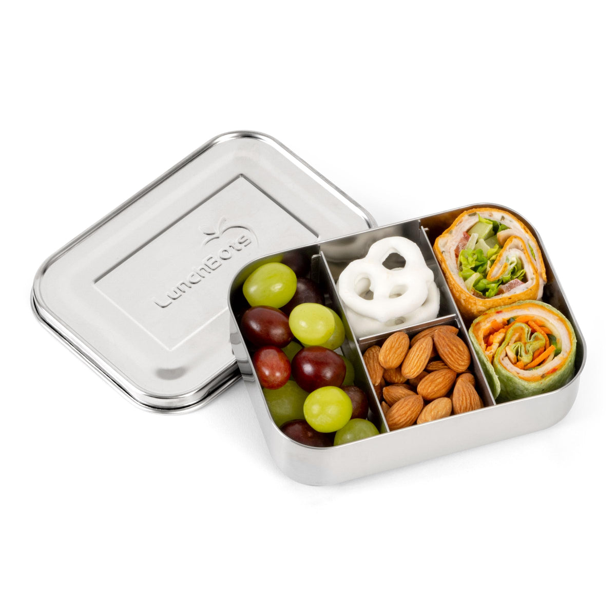 LunchBots Small Protein Packer four-compartment close-up highlights easy separation of foods