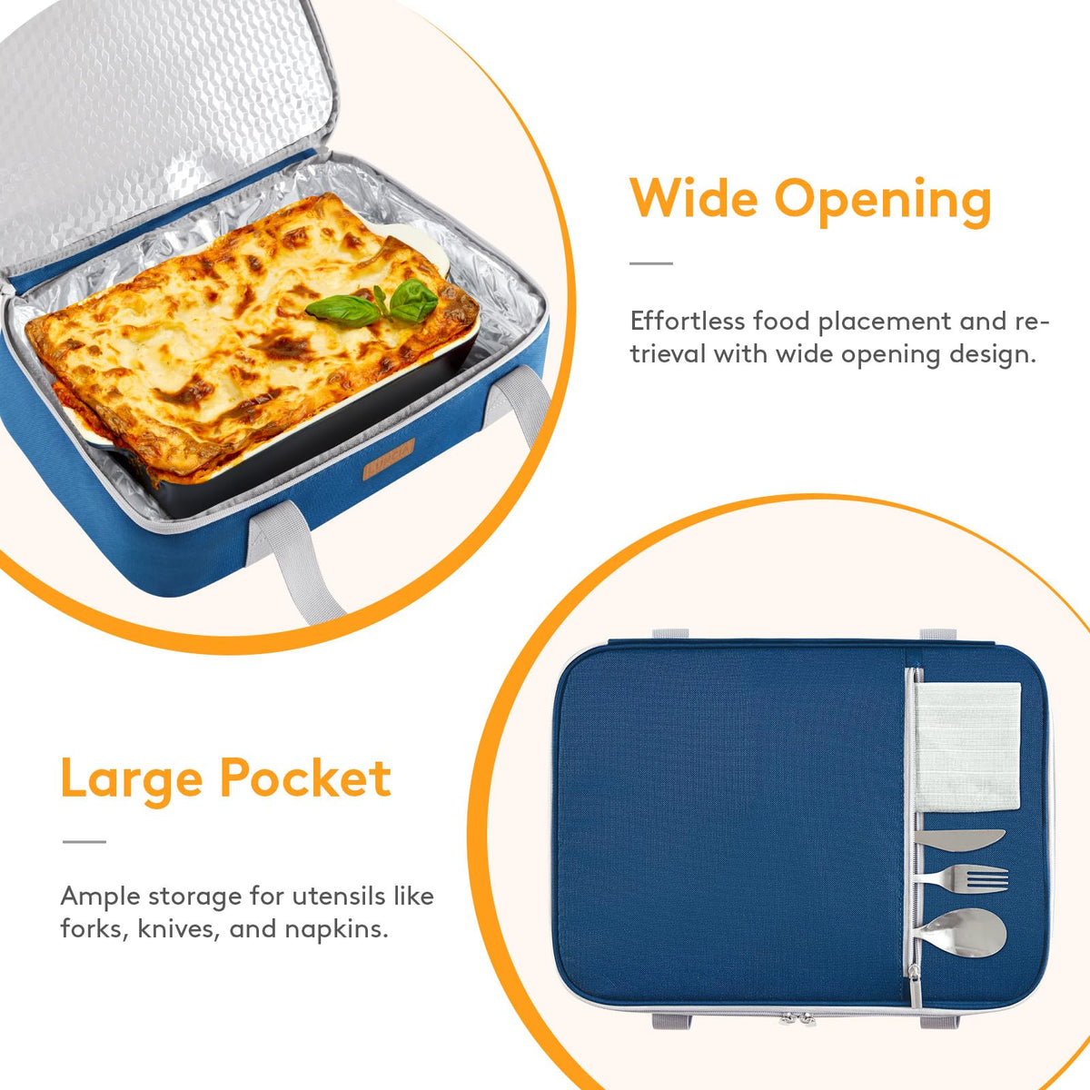 Large exterior pocket keeps utensils and napkins within reach.