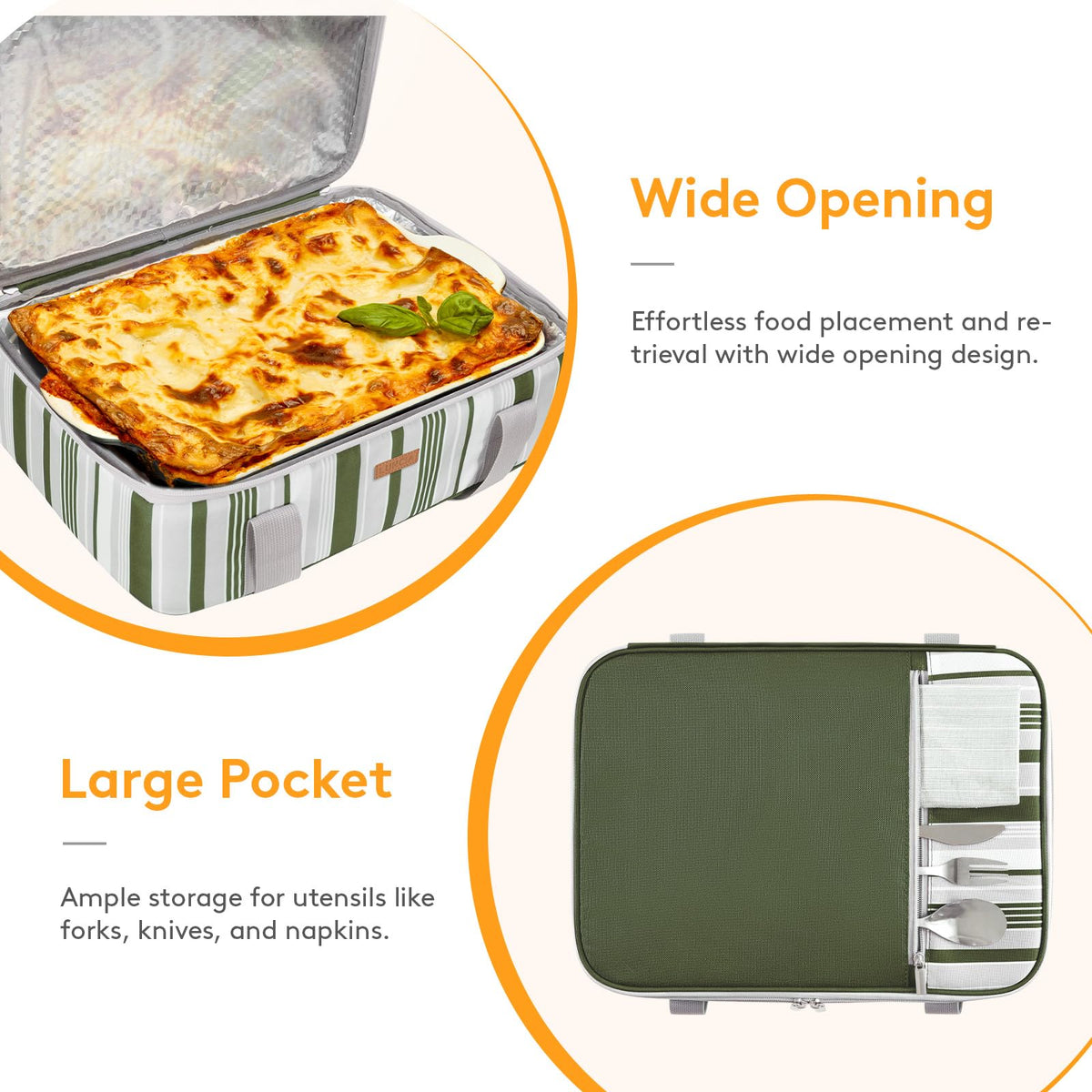 Large exterior pocket stores utensils and napkins for quick access.