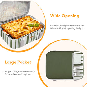 Large exterior pocket stores utensils and napkins for quick access.