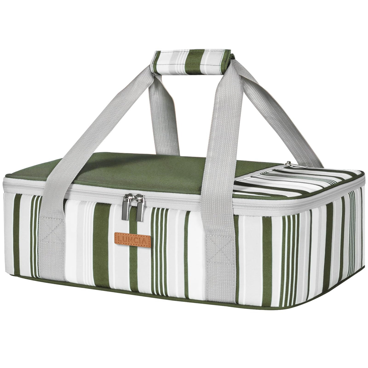 LUNCIA casserole carrier exterior view highlights durable water-resistant fabric for outdoor events.