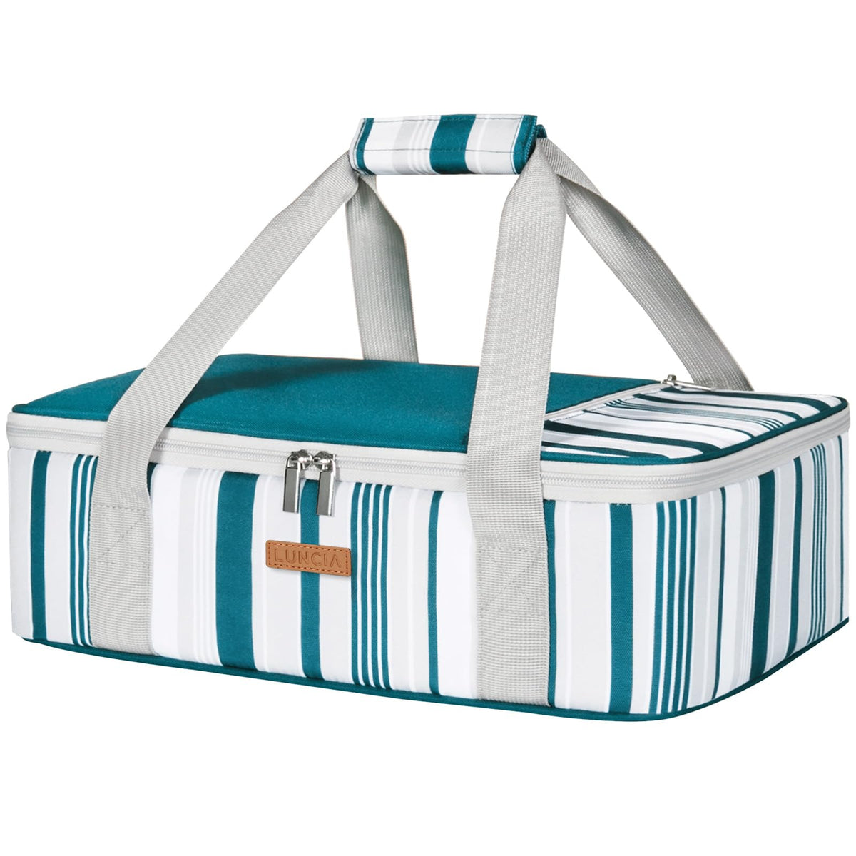 LUNCIA casserole carrier front view: durable tote for potlucks