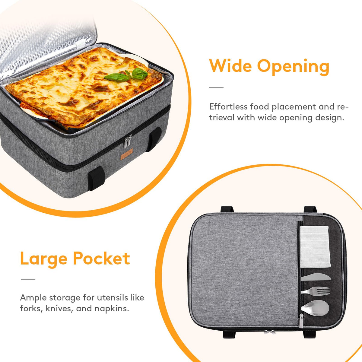 LUNCIA exterior pocket illustrates space for utensils, napkins, and condiments