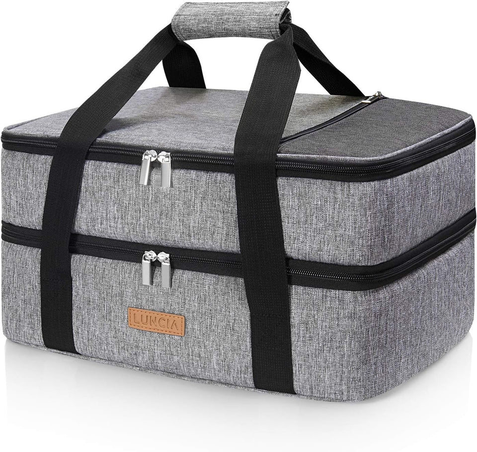 LUNCIA insulated double decker casserole carrier front view keeps dishes warm on the go