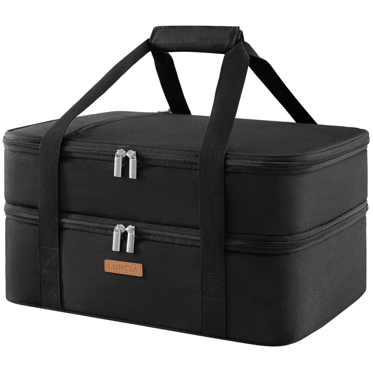 LUNCIA casserole carrier top view highlighting dual compartments for organized potluck transport