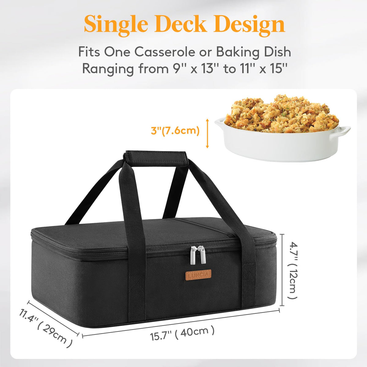 LUNCIA casserole carrier open-top design for easy loading of dishes.