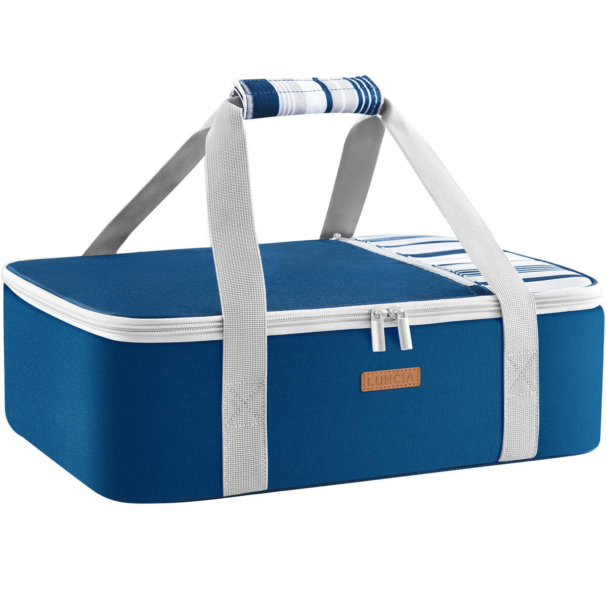 LUNCIA Lasagna Lugger Tote front view with insulated interior for hot or cold dishes.