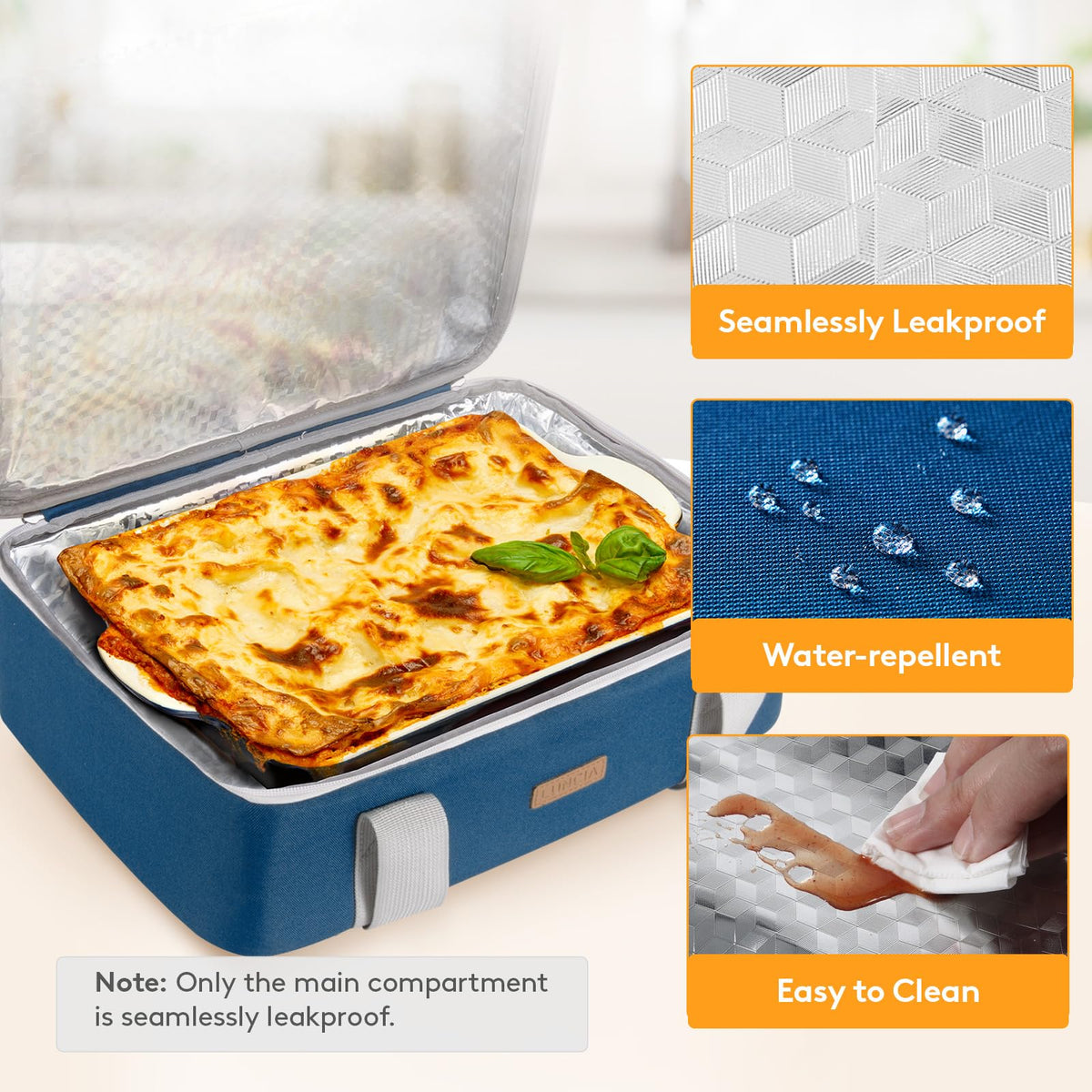 LUNCIA Lasagna Lugger Tote open top pocket for utensils and napkins.