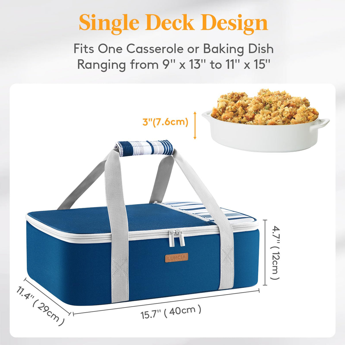 LUNCIA Lasagna Lugger Tote side view highlighting easy-grip handles.