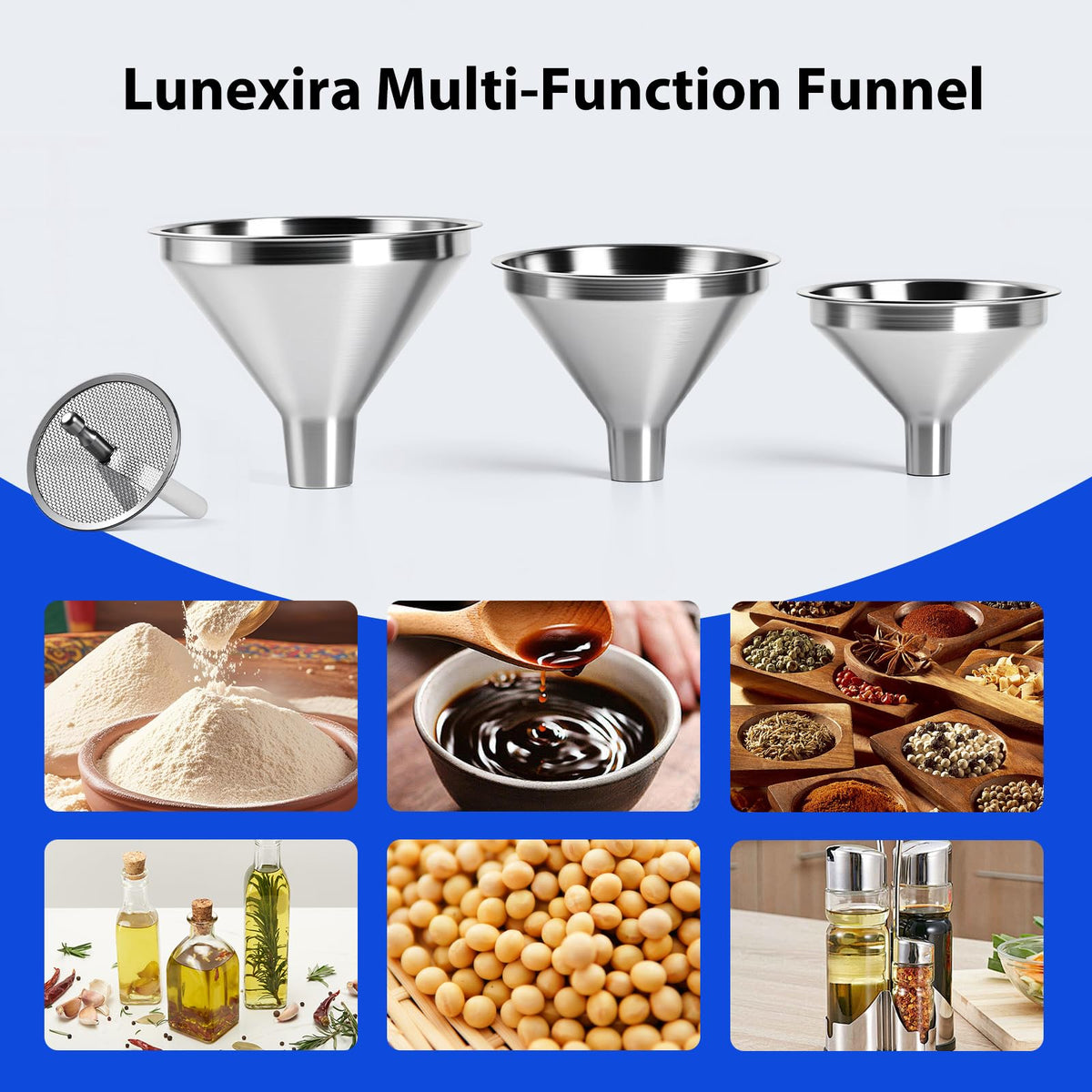 Lunexira four-piece funnel set dishwasher-safe for easy cleaning.
