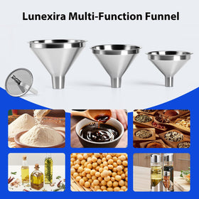 Lunexira four-piece funnel set dishwasher-safe for easy cleaning.