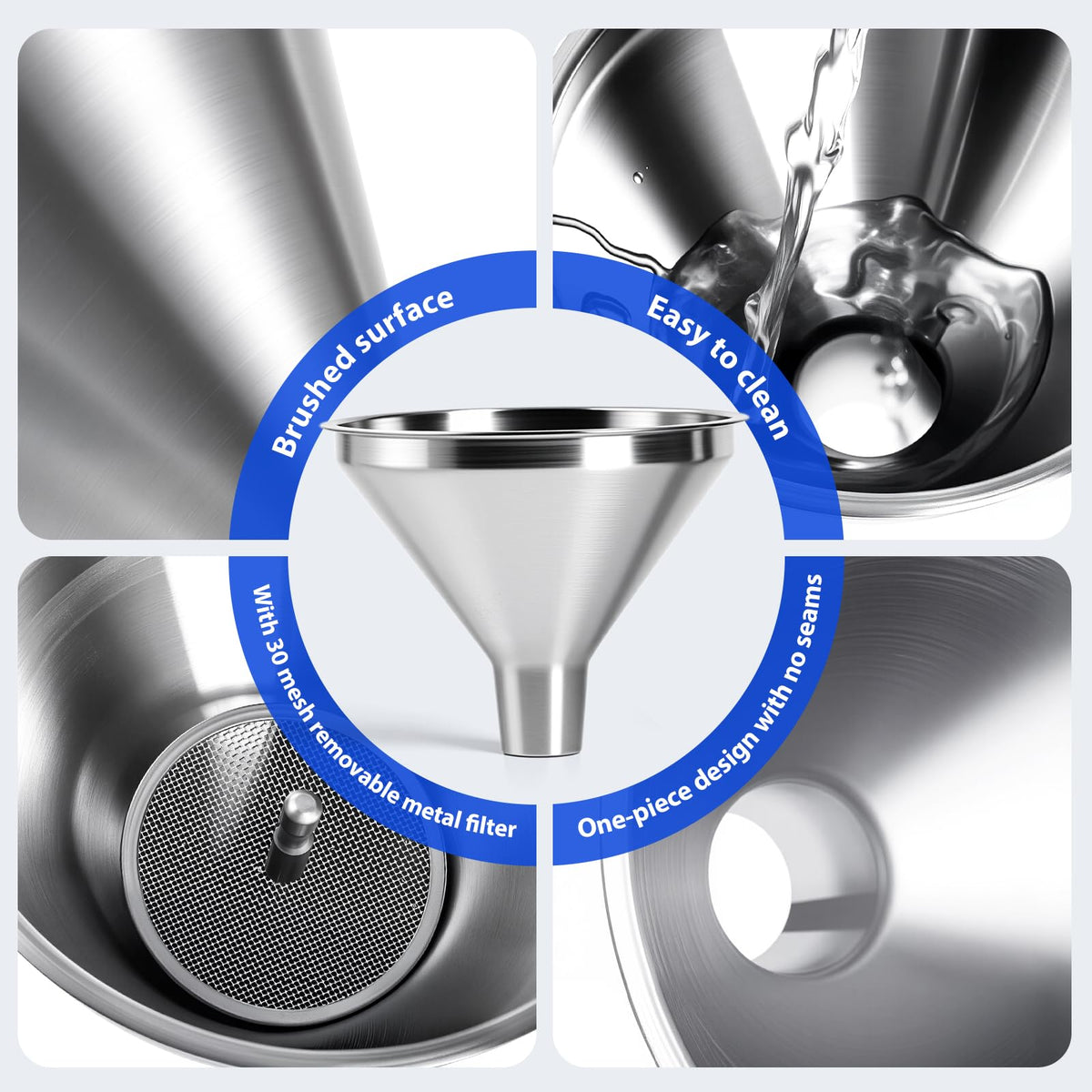 Lunexira four-piece funnel set stainless-steel strainer for filtration.