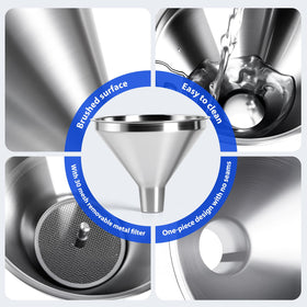 Lunexira four-piece funnel set stainless-steel strainer for filtration.