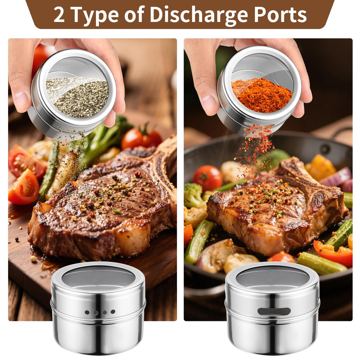 Luqagol adjustable pour lids enable precise spice sprinkling.