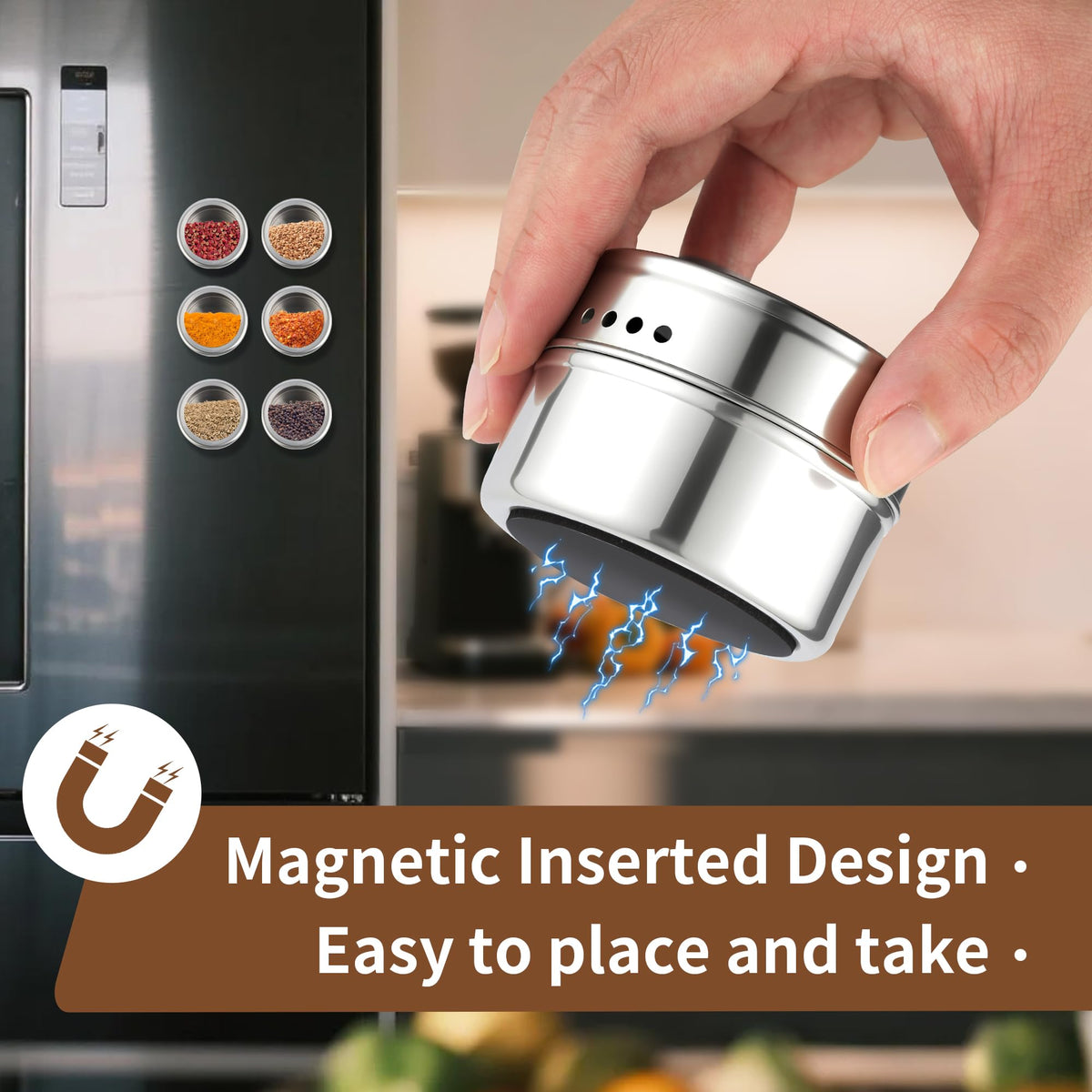 Luqagol stainless steel spice tin with magnetic back for space-saving storage.