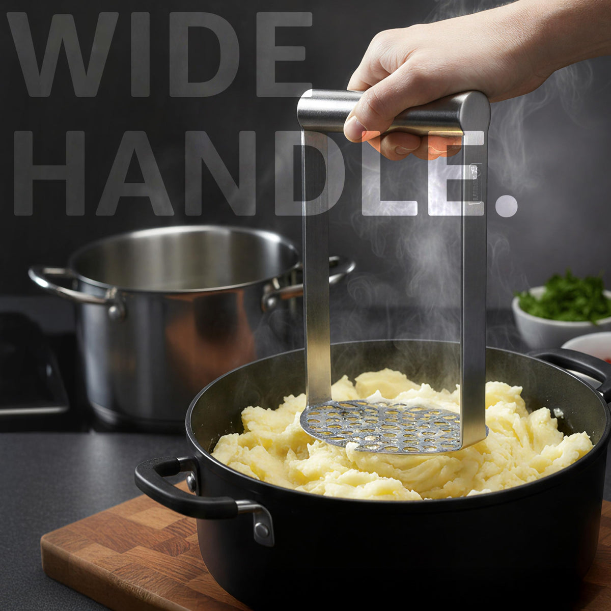 LURCH potato masher featuring a horizontal handle for comfortable control