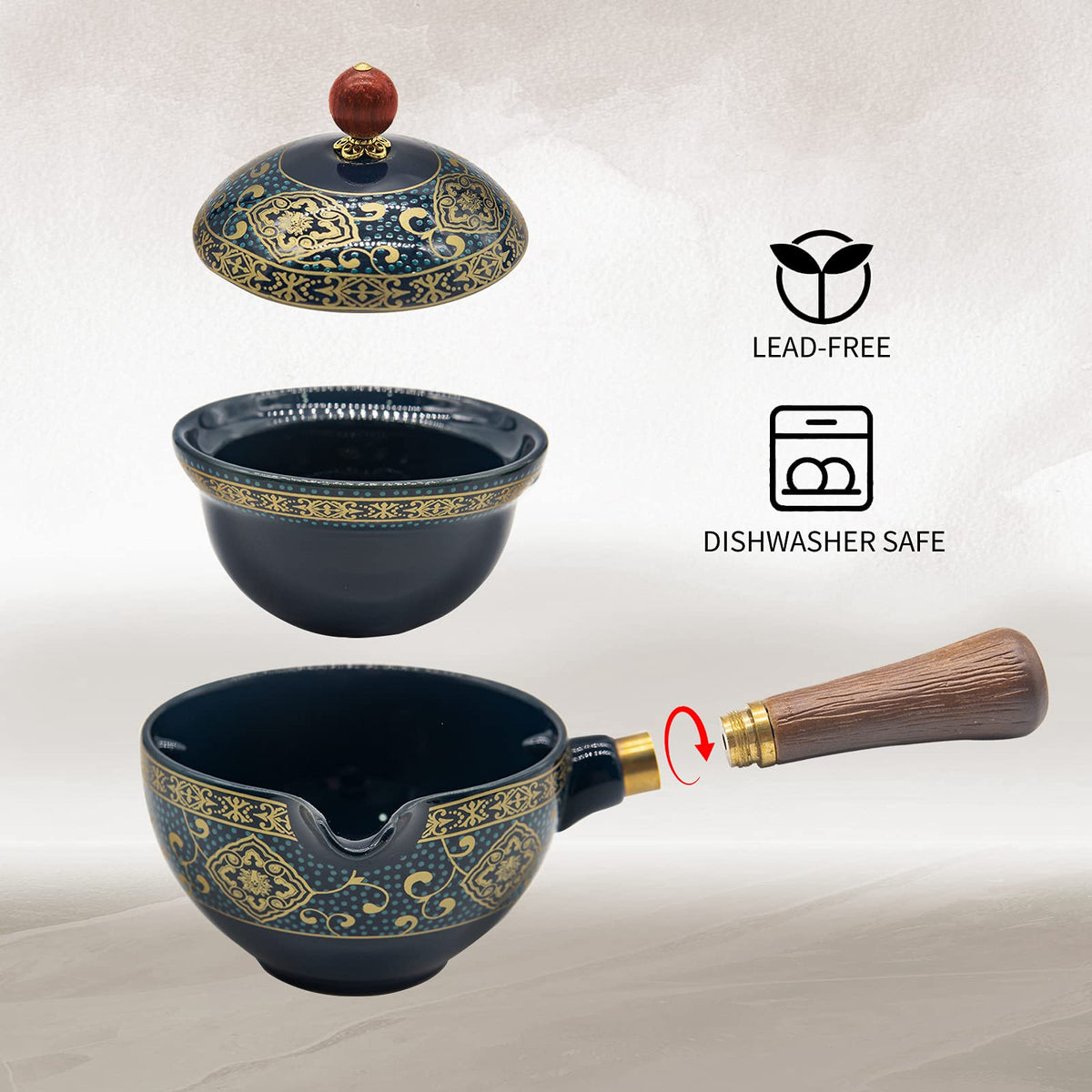 LURRIER teapot with wooden handle to prevent heat transfer and spills.