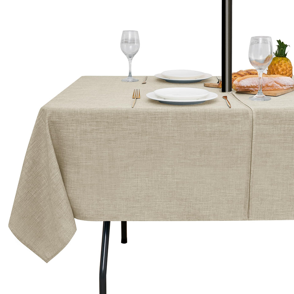 LUSHVIDA umbrella-hole tablecloth with color-matched zipper for quick outdoor setup.