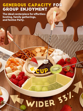 LUSHYUM rotating fondue tray enabling easy guest access to treats.