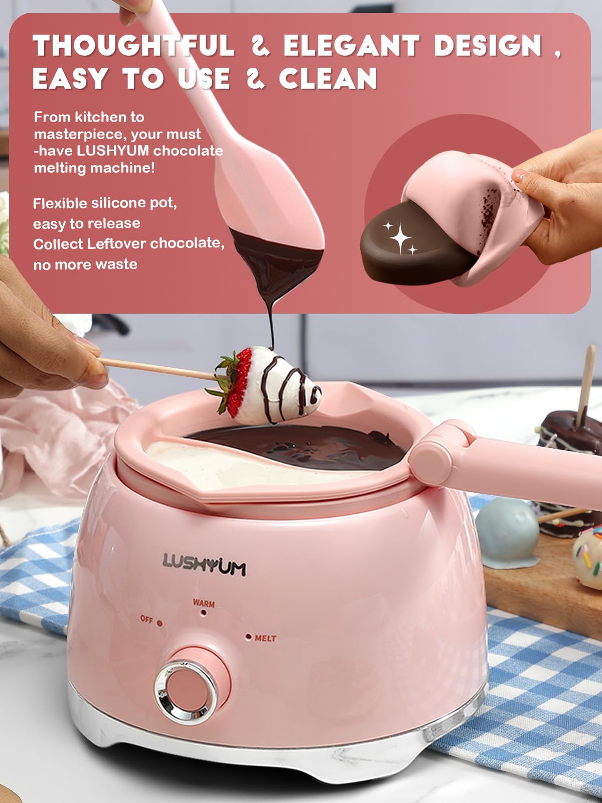 LUSHYUM melting pot includes spatula for easy stirring and dipping prep.