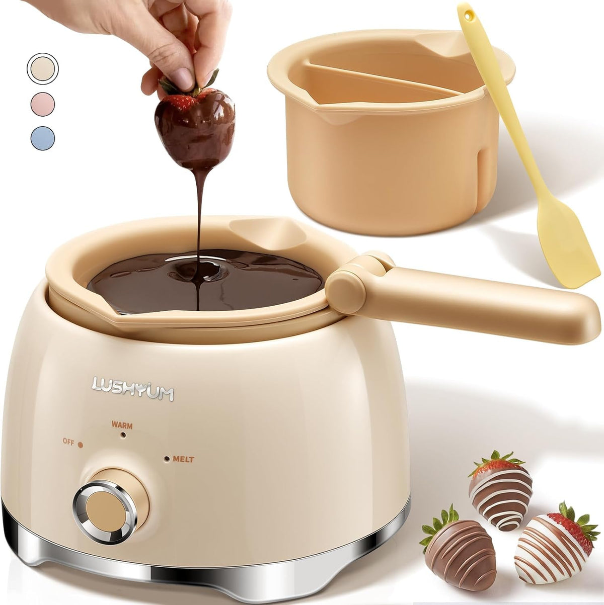 LUSHYUM chocolate melting pot with two pots for versatile tempering and dipping